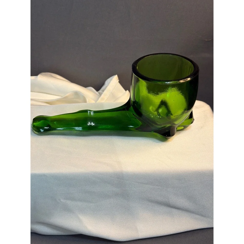 Vintage Emerald Green Glass Pipe Shaped Novelty Shot Glass Cup Barware 6 Inch